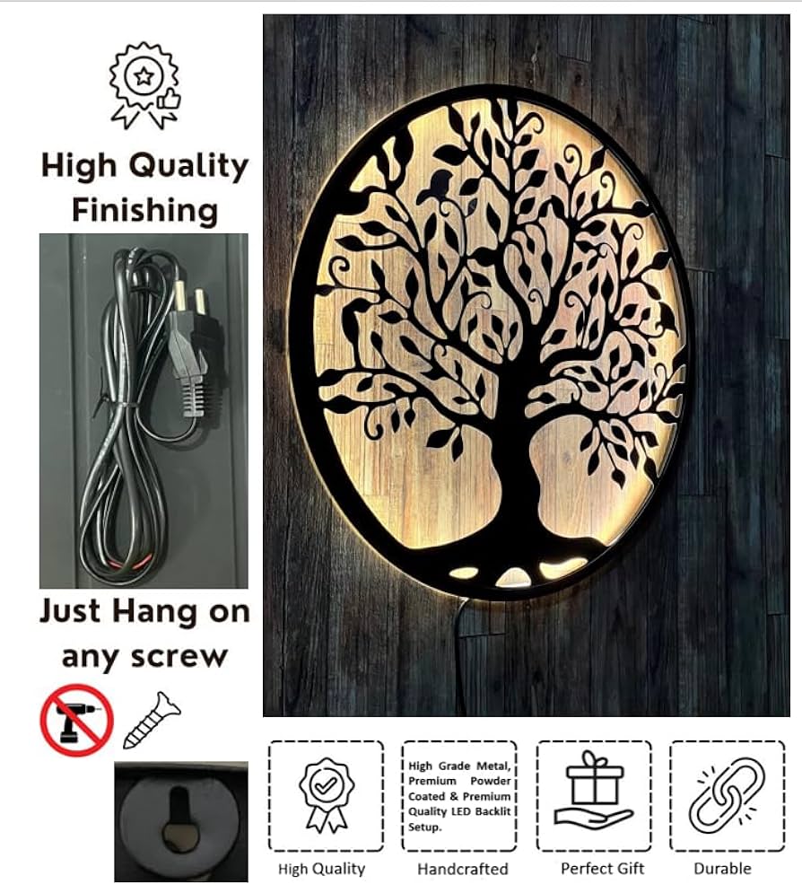 SUN RDPP Tree Of Life Wall Art Decor, 60cm / 23.6inch Large Metal Family Tree Outdoor Wall Sculpture, Hollowed Tree Of Life Wall Decor Hanging For Garden Office Bedroom Living Room (BLACK