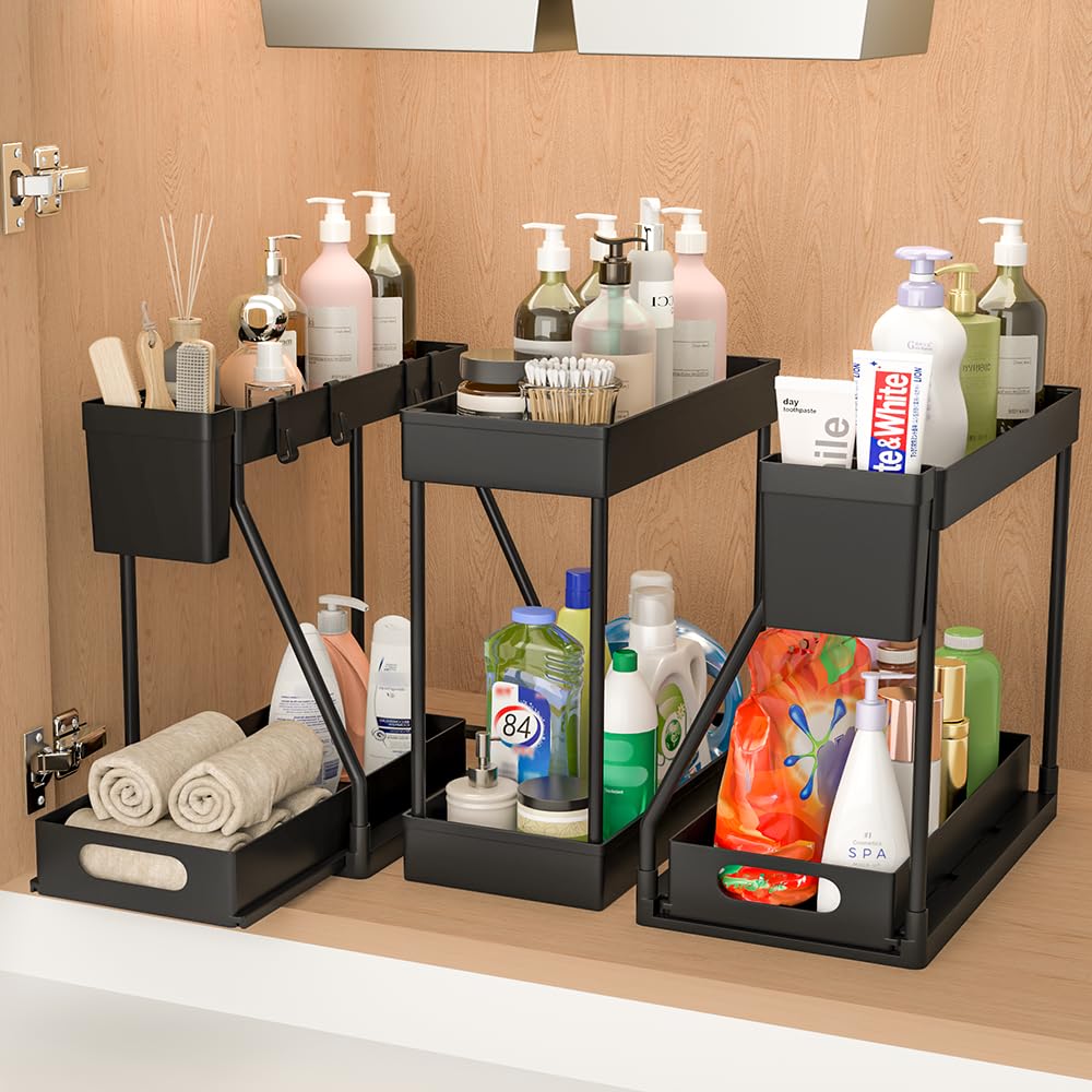POUGNY 3PC Under Sink Organizer Rack 2 Tier Under Sliding Cabinet Basket Organizer Drawer, Multi-purpose Under Sink Storage for Bathroom Kitchen Desktop (Black)