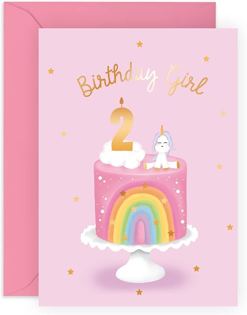 Central 23 Second Birthday Card for Girls - Happy 2nd Birthday Card - Age 2 - Two Year Old - Rainbow Cloud and Unicorn Card for Kids Daughter - Granddaughter - Comes With Fun Stickers