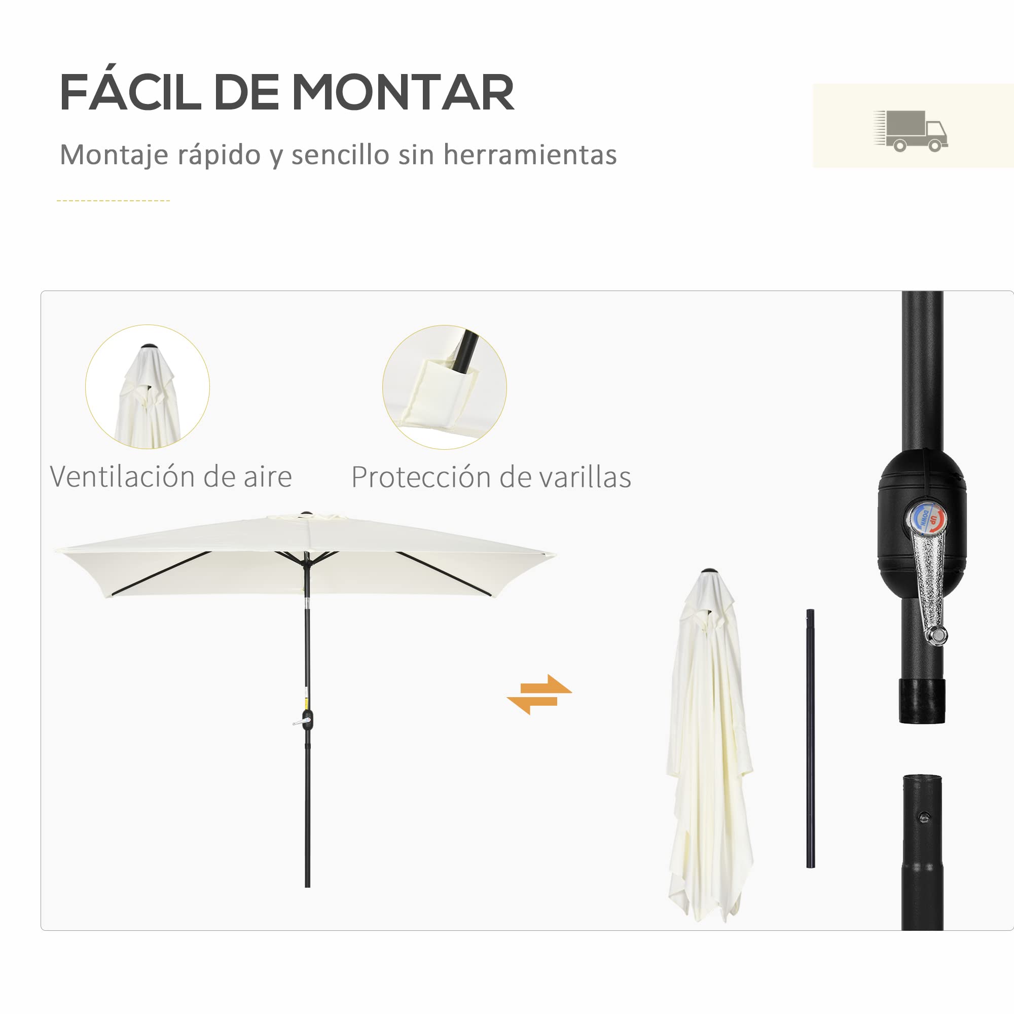 Outsunny Sombrilla de Aluminio 200x300x253 cm Inclinable con Manivela Gris | Parasol Rectangular de Jardín, Poste Desmontable, Anti-UV, para Terraza Piscina Patio Exterior