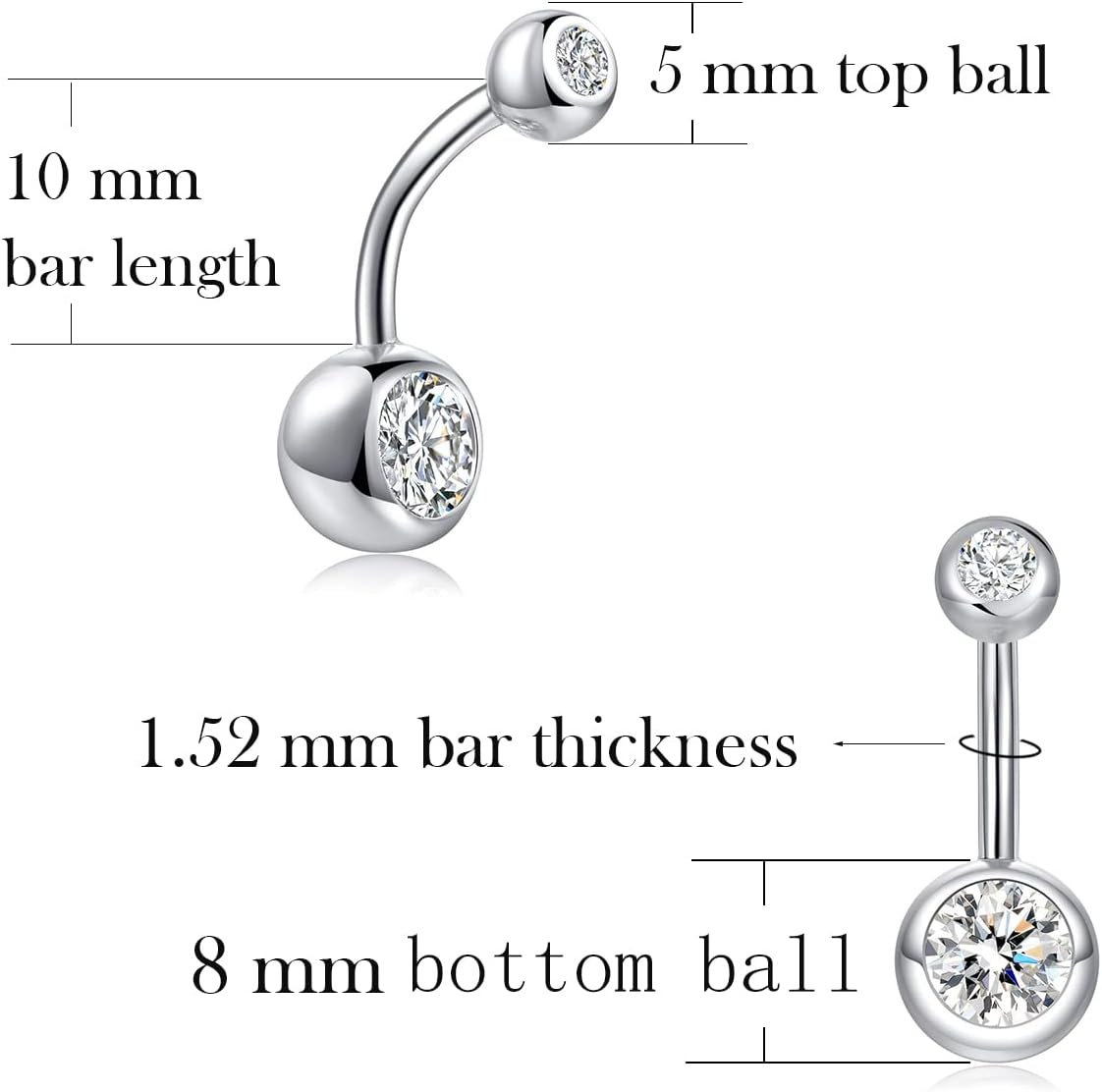 Sterling Silver Belly Button Rings for Women Men CZ Navel Rings Curved Barbell Belly Rings Belly Piercing 8mm 10mm 12mm - Image 7