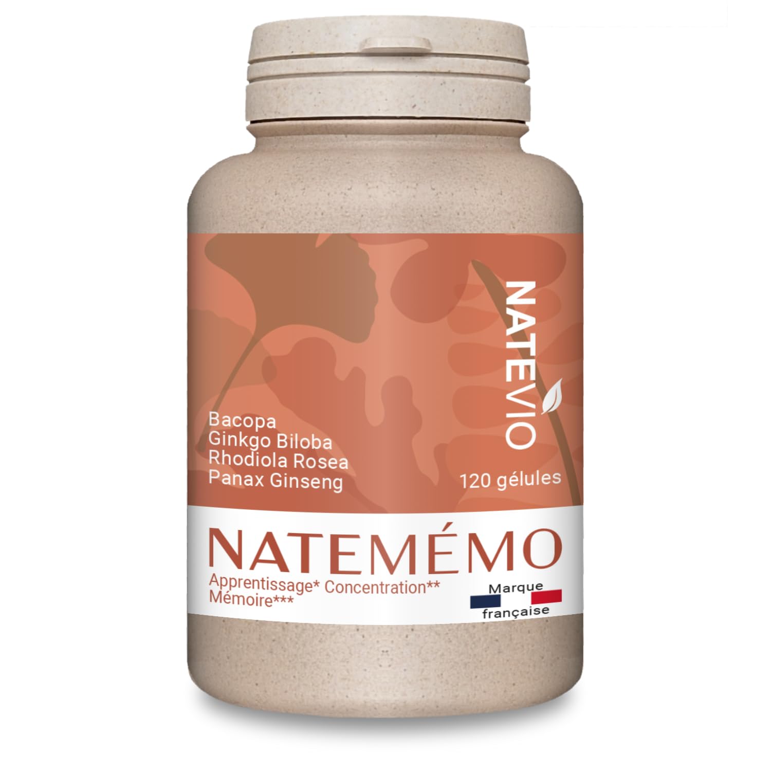 Natemémo – Mémoire & Concentration – Bacopa 500 mg, Ginkgo, Rhodiola, Ginseng – 120 Gélules Végétales – Complément Alimentaire Naturel - Sans Caféine - Made in France