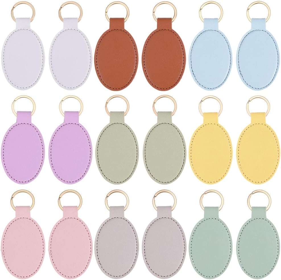 SUNNYCLUE 1 Box 18Pcs 9 Colors PU Leather Keychain Blanks Leather Key Fobs Bulk Oval Laser Engraving Stamping Blanks Keychains with Golden Split Key Ring for DIY Keyrings Crafts Supplies Women Men