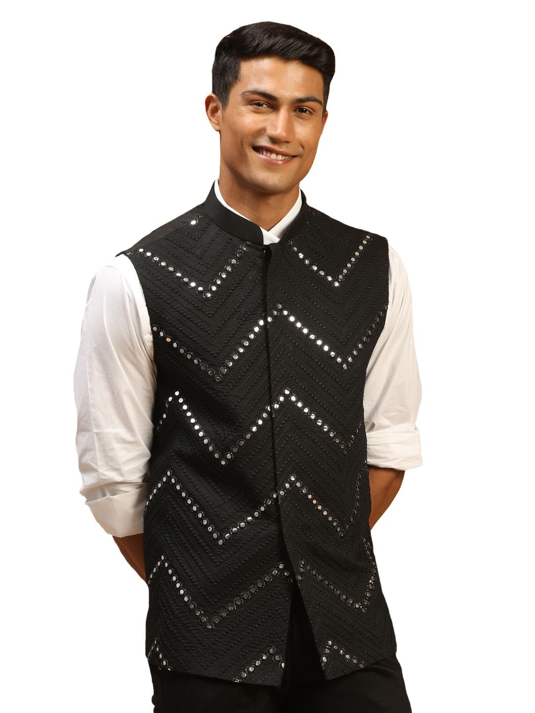 Men's Mirror Work Nehru Jacket | Mirror Work Chevron Pattern Chic Jacket For Men