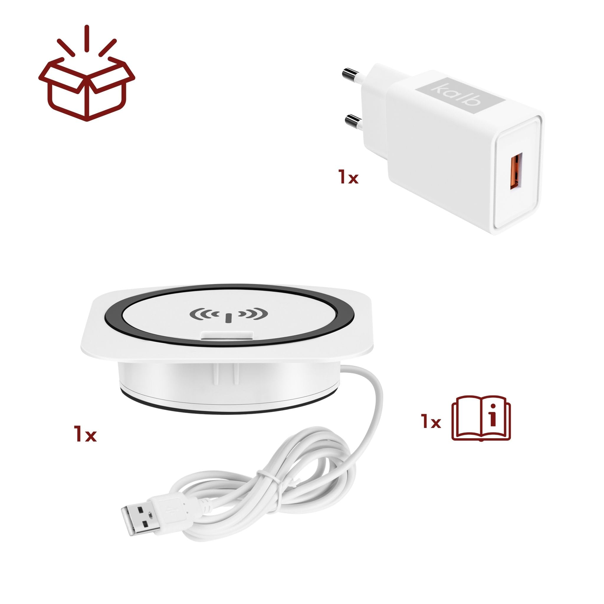 Kalb | QI szybka ładowarka do zabudowy 15 W biała 7,5 cm Ø - Smart Wireless USB Charger, port USB, port USB-C