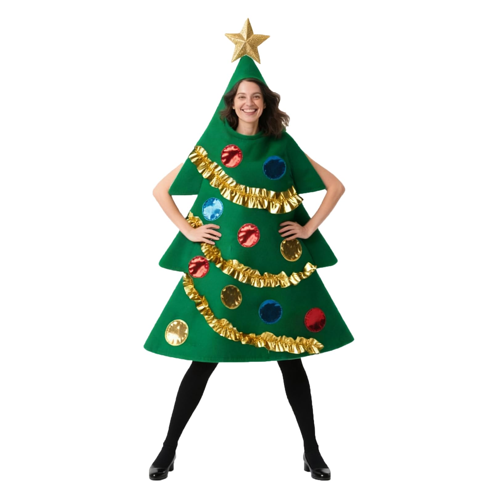 Fiacafyo Adults Christmas Tree Costume Cosplay Set Tree Shaped Stage Performance Costume+Gift Shaped Shoes Funny Xmas Outfit (C-Dark Green, One Size)