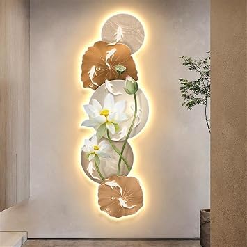 Wall Decor Light, Modern Porch Decoration Painting, Wall Sculptures Art with LED Light, Wall Hanging Painting with Nine Fish for Home, Living Room, BedroomVertical Brown