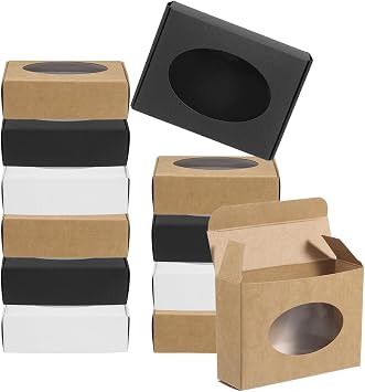 PATIKIL 4"x3"x1" Paper Soap Box with Window, 30 Pack Homemade Soap Boxes Oval Presents Packaging Boxes for Birthday Christmas DIY Craft, White/Black/Kraft