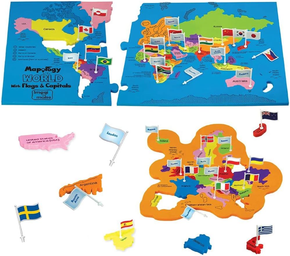 Imagimake Mapology World Map Puzzle with Country Flags & Capitals for Kids 5+ Years | Country Shaped Jigsaw Puzzles | Geography Learning & Educational Toys for Boys & Girls | Ramadan Gift for 5-12