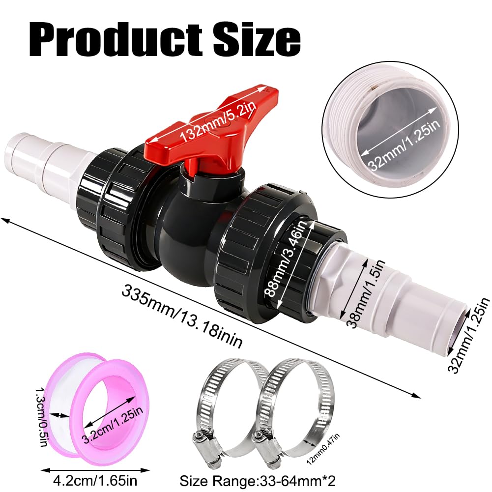 Robinet à boisseau sphérique de 50 mm avec raccord de tuyau – Kit robinet d'arrêt de piscine en PVC | Comprend 1 robinet d'arrêt 1 1/2", 2 raccords de tuyau de piscine 32-38 mm, 4 colliers de serrage