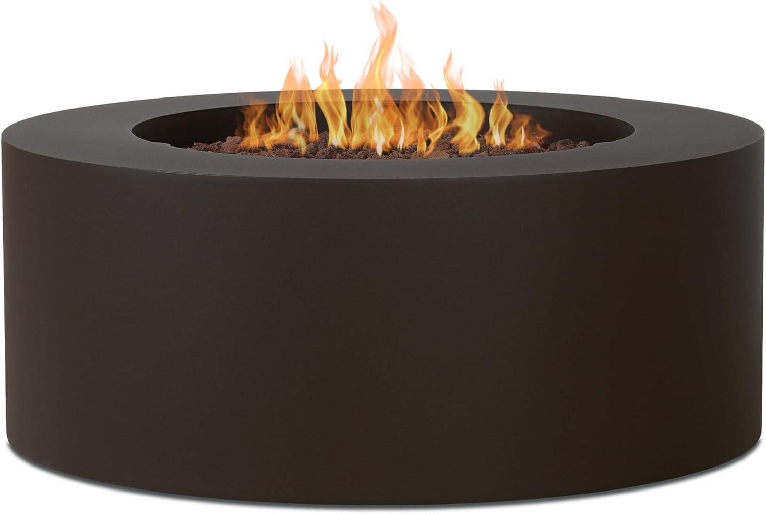 Real Flame Aegean 36" Round Propane or Natural Gas Fire Pit Table, 50,000 BTU, Powder-Coated Steel, Push-Button Ignition, Lava Rock, Storage Cover, Stainless Steel Burner with Lid - Dark Bronze