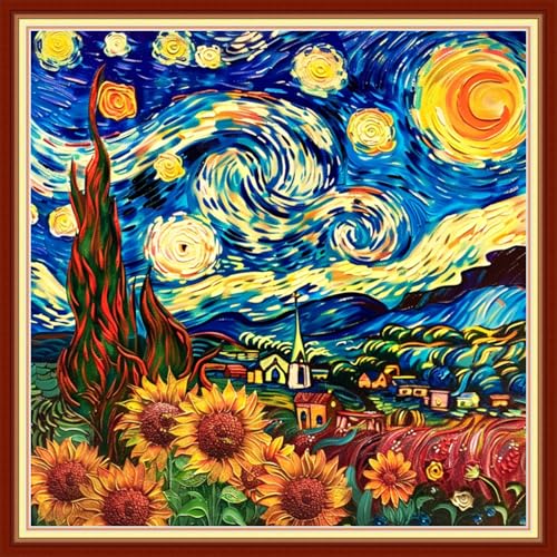 Image of Joyhoor Stamped Cross Stitch Kits for Beginners Needlepoint Kits for Adults Embroidery Kits 11CT Counted Cross Stitch Kits Printed Embroidery Pattern-Van Gogh Starry Sky Flowers 18x18 inchs
