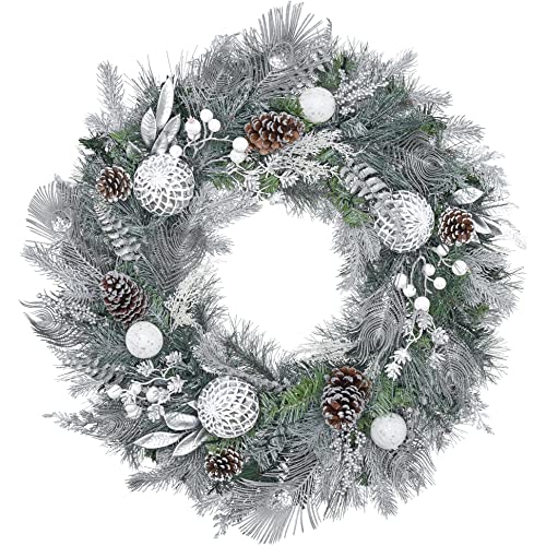 Valery Madelyn Pre-Lit 30 Inch Frozen Winter Silver White Large Lighted Christmas Wreath For Front Door With Ball Ornaments, Battery Operated 40 Led Lights, Holiday Decoration Fireplace Xmas Decor #TOP6