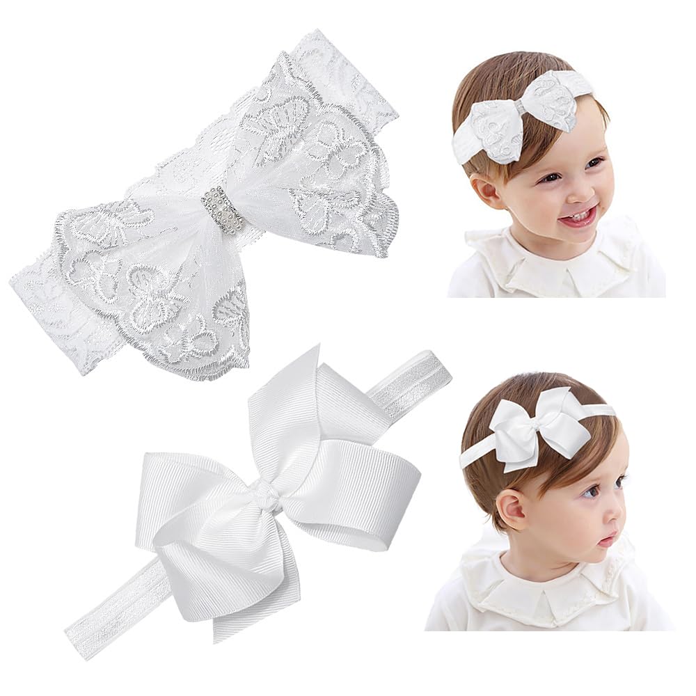 Yheahin 2pcs Baby Girl White Bow Headband Toddler Christening Baptism Hairband Soft Elastic Lace Flower Girl Headpiece Accessories for Infant Newborn