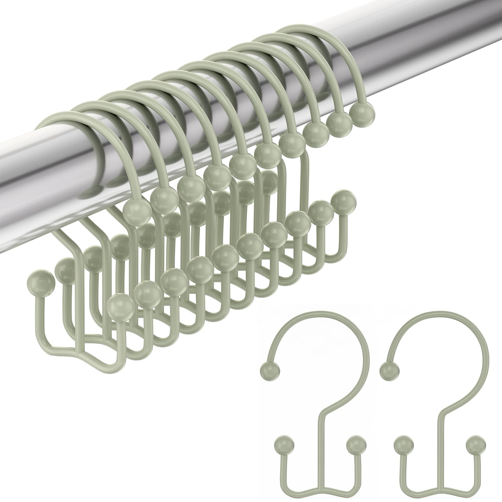 Amazer Shower Curtain Hooks Sage Green Double Shower Curtain Hooks, Shower Curtain Rings Sturdy Stainless Steel Shower Hooks for Bathroom Shower Rod, 12Pcs Shower Curtain Hangers