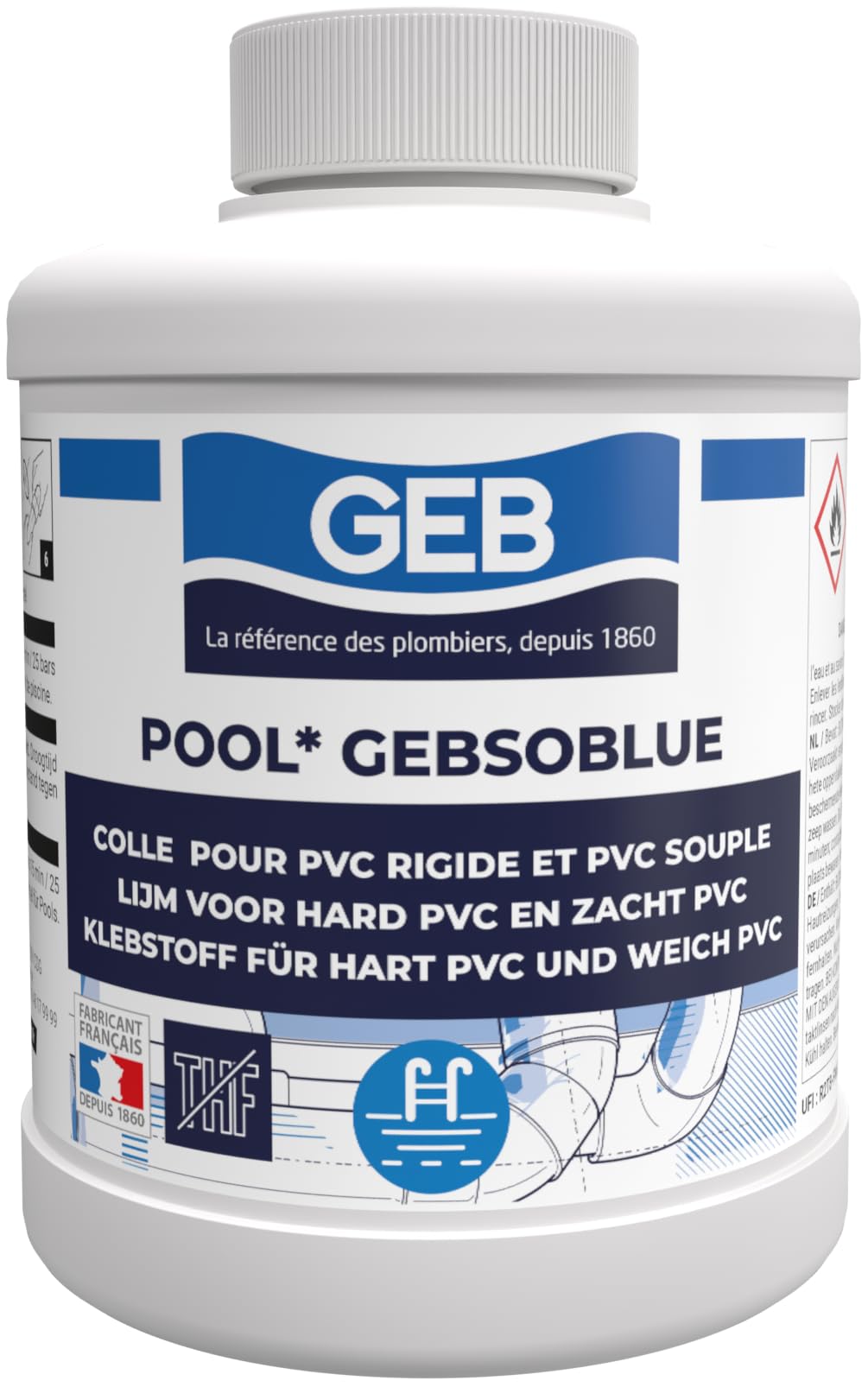 Gebsoblue - Pegamento de PVC especial para piscina jaccuzzi irrigación 500 ml para montar tuberías y accesorios de PVC