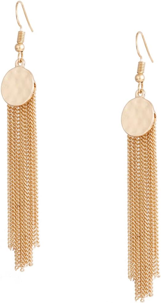 HSWE Tassel Earrings Coin Matel Round Chain Tassel Dangle Ear Hook (Gold)