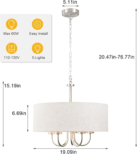 Miniatura 5 de Candelabros de tambor de 5 luces de 19 pulgadas para comedor, lámpara de níquel cepillado, moderna pantalla de lino, lámpara colgante para sala de