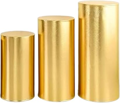 Party Cylinder Stand 3 Pcs Gold Cylinder Pedestal Stand Cover Golden Metal Cylinder Pedestal Stand Slipcover for Baby Shower Party Props Wedding Decoration