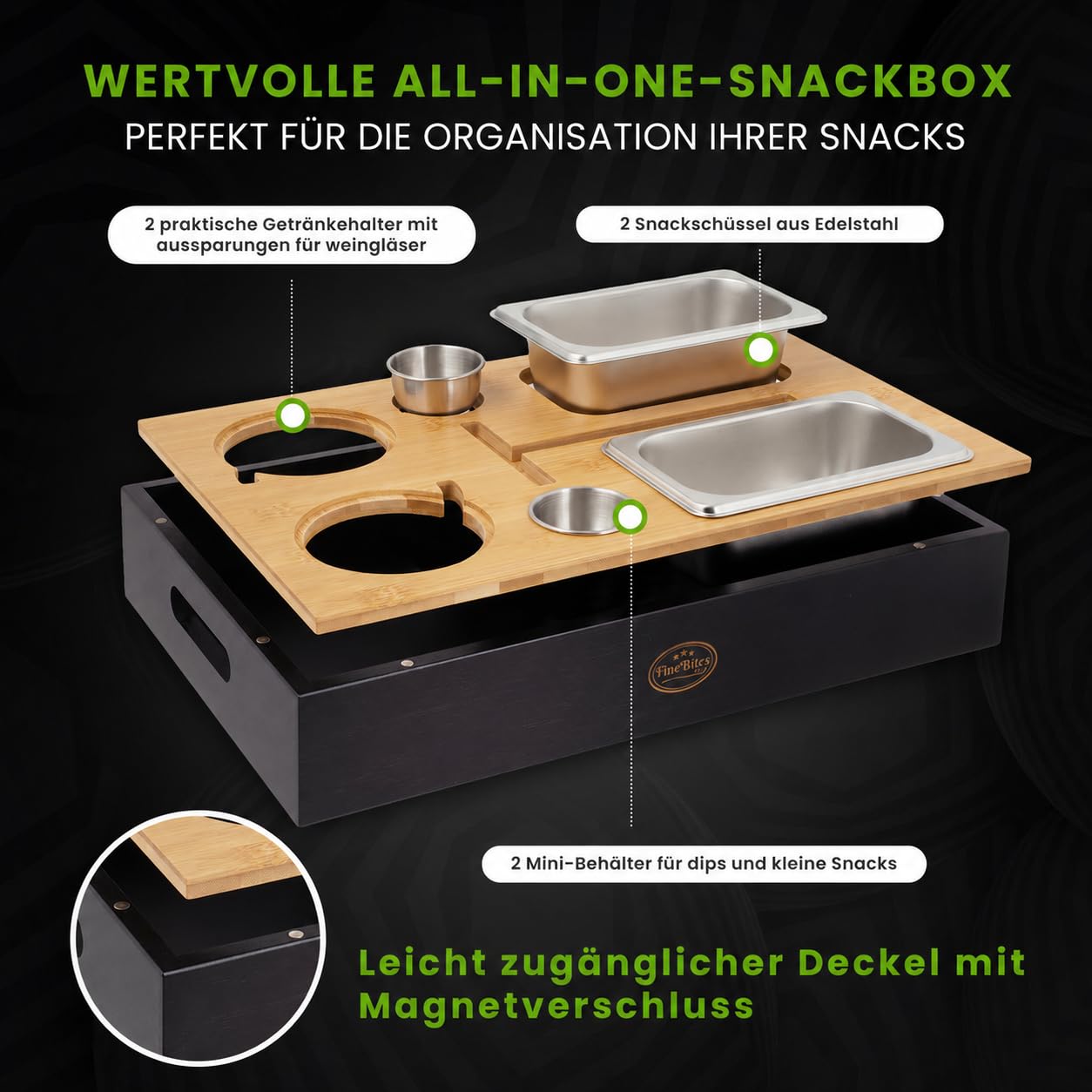 Couchbar Snackbox für 2 aus Bambus – Snackbar Sofatablett mit Getränkehalter & 2 Snackschalen – Couch butler mit magnetischem Deckel, Couch bar Organizer Tablett, Geschenk für Männer & Frauen