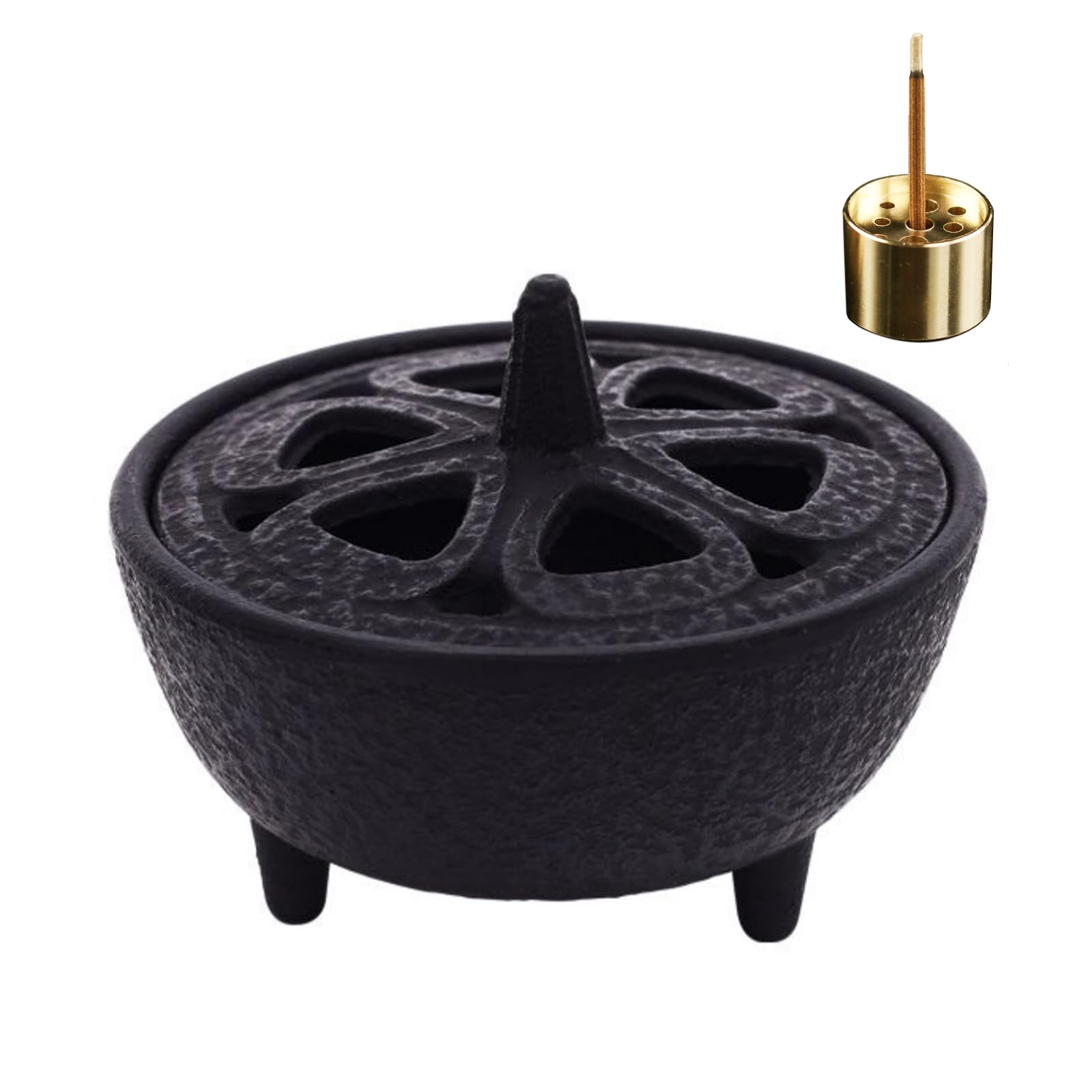 Cast Iron Incense Burner with 9-holes Copper Incense Holder for Incense Sticks, Cones, Resins and Wax Melts, Log Burner Wax Melts Warmer