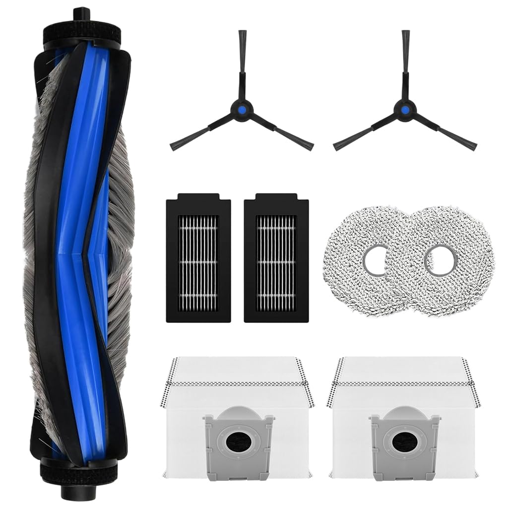 hasthip® 9pcs replacement parts for ecovacs t50 pro omni vacuum cleaner, spare accessories with 1 main roller brush, 2 side brushes, 2 filters, 2 microfiber mop cloth & 2 dust bags