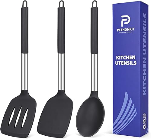 Juego de 3 utensilios de cocina de silicona, espátula ranurada antiadherente y cuchara de cocina sólida, alta resistencia al calor, sin BPA,