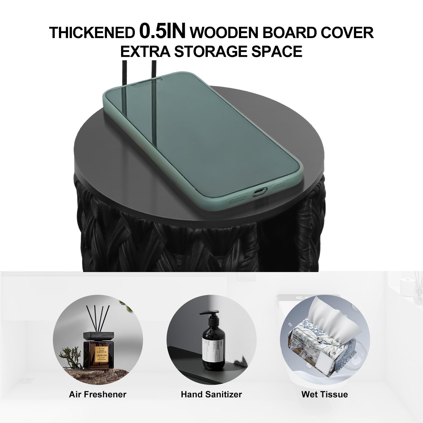 Soporte de almacenamiento de papel higiénico con tapa de madera, color negro