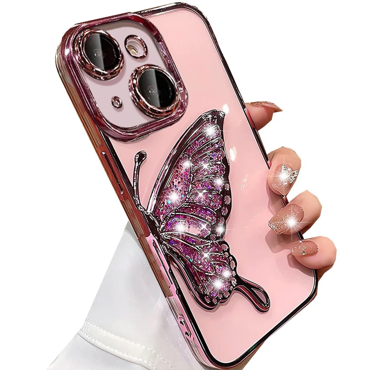Changjia for iPhone 15 Glitter 3D Butterfly Case,Cute Luxury Bling Sparkle Liquid Flowing Case with Camera Lens Protector Soft Plating Bumper