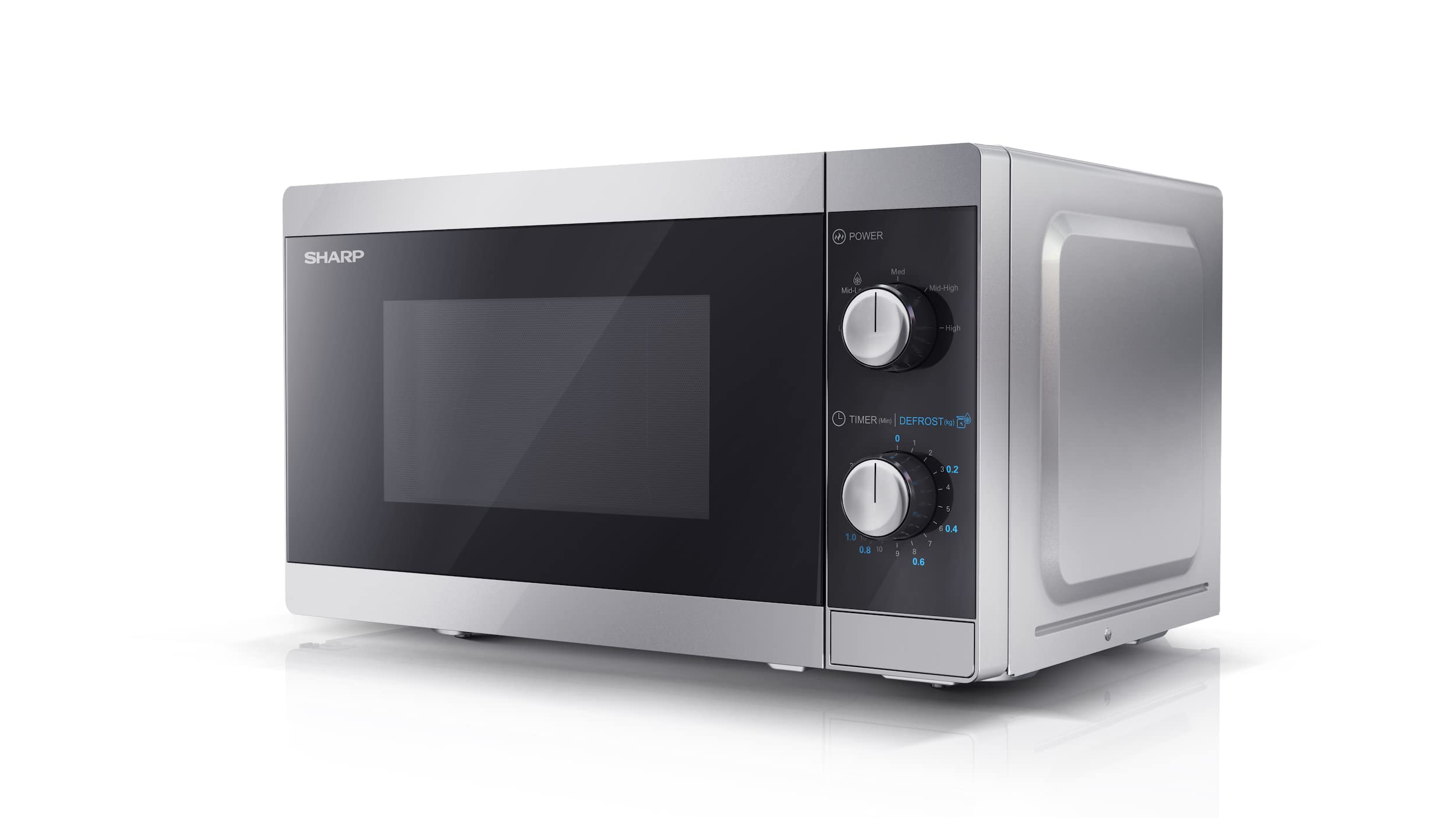 SHARP MS01E Mikrowelle (Mikrowelle: 800W, 5 Leistungsstufen, Auftaufunktion, Abmessungen: 440x258x344cm), silber | 800W, 5 Leistungsstufen, Drehregler, Drehteller