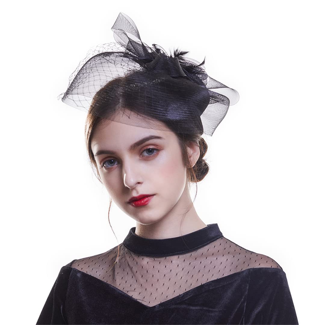 Eleganckie ozdoby do włosów z piór, ślubne fascynatory, kapelusze, welony, damskwelony, damskie ślubne kapelusze, spinki do włosów, nakrycia głowy, spinka do włosów z piór i kwiatów (czarna)