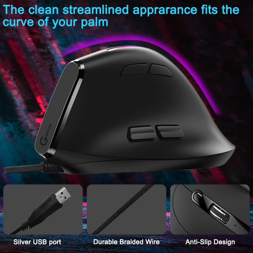 AFUNTA 12800 DPI RGB Gaming Mouse, Ergonomic Mouse Optical Wired Vertical Mouse with 9 Programmable Buttons, for Gamer PC Laptop(T50)