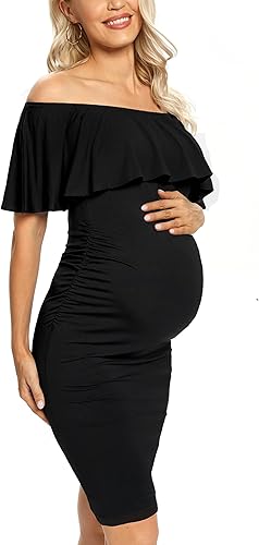 Miniatura 4 de Vestido de maternidad ajustado con volantes y hombros descubiertos, vestido de embarazo formal para baby showerfotografía