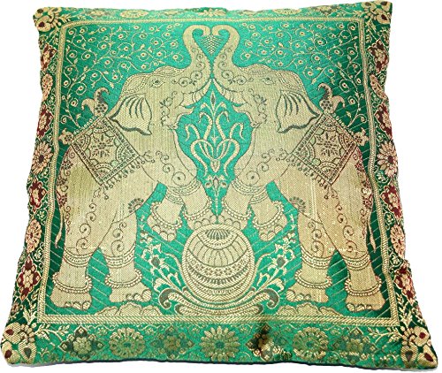 Grün Indische Banarasi Seide Deko Kissenbezüge 40 cm x 40 cm, Extravaganten Elefant Design für Sofa & Bett Dekokissen… – Bild 5