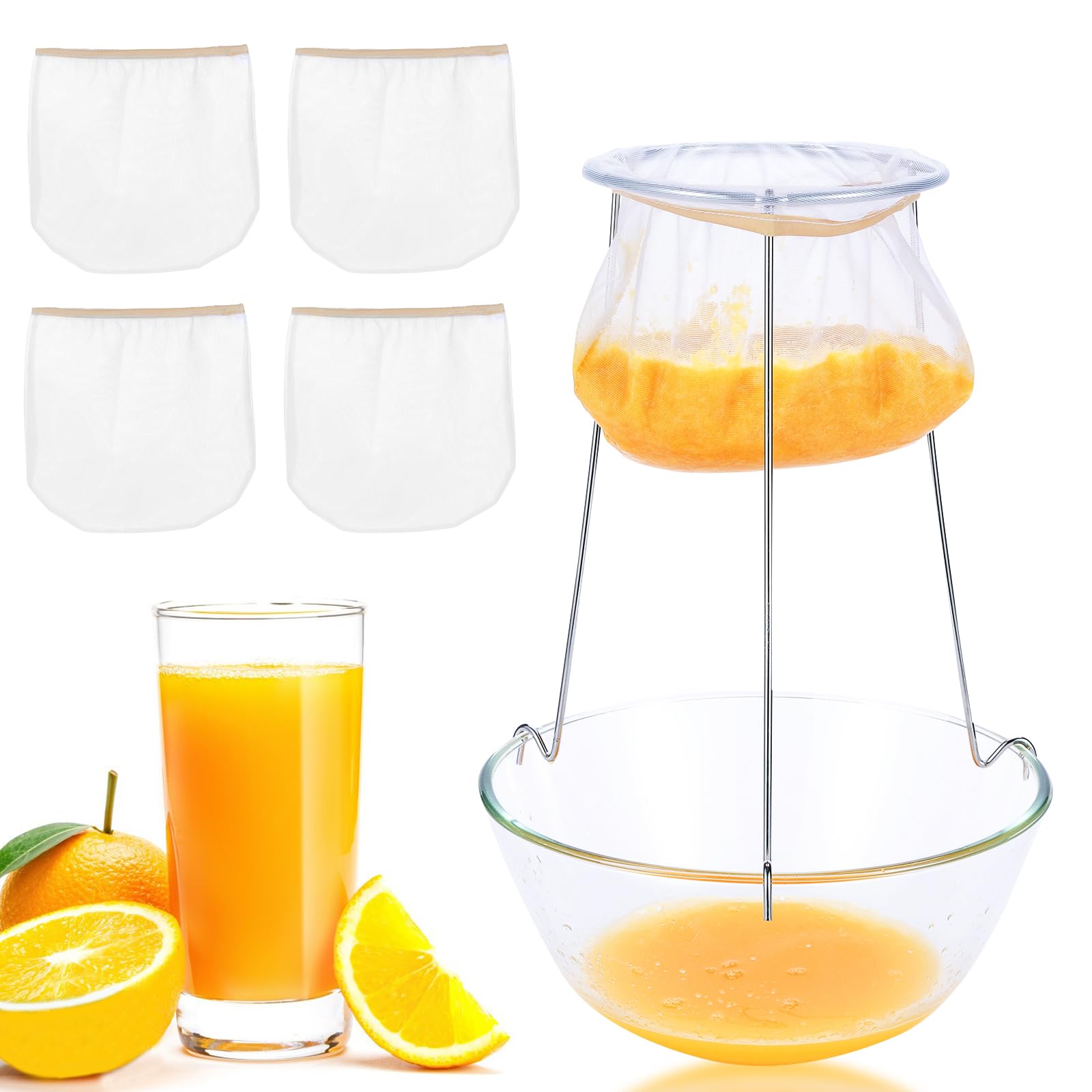 Jelly Strainer Stand With 4 Reusable Staining Bags, Stainless Steel Stand With Replacement Bags for Straining Juice, Yogurt, Cheese, Broth, Nut Milk
