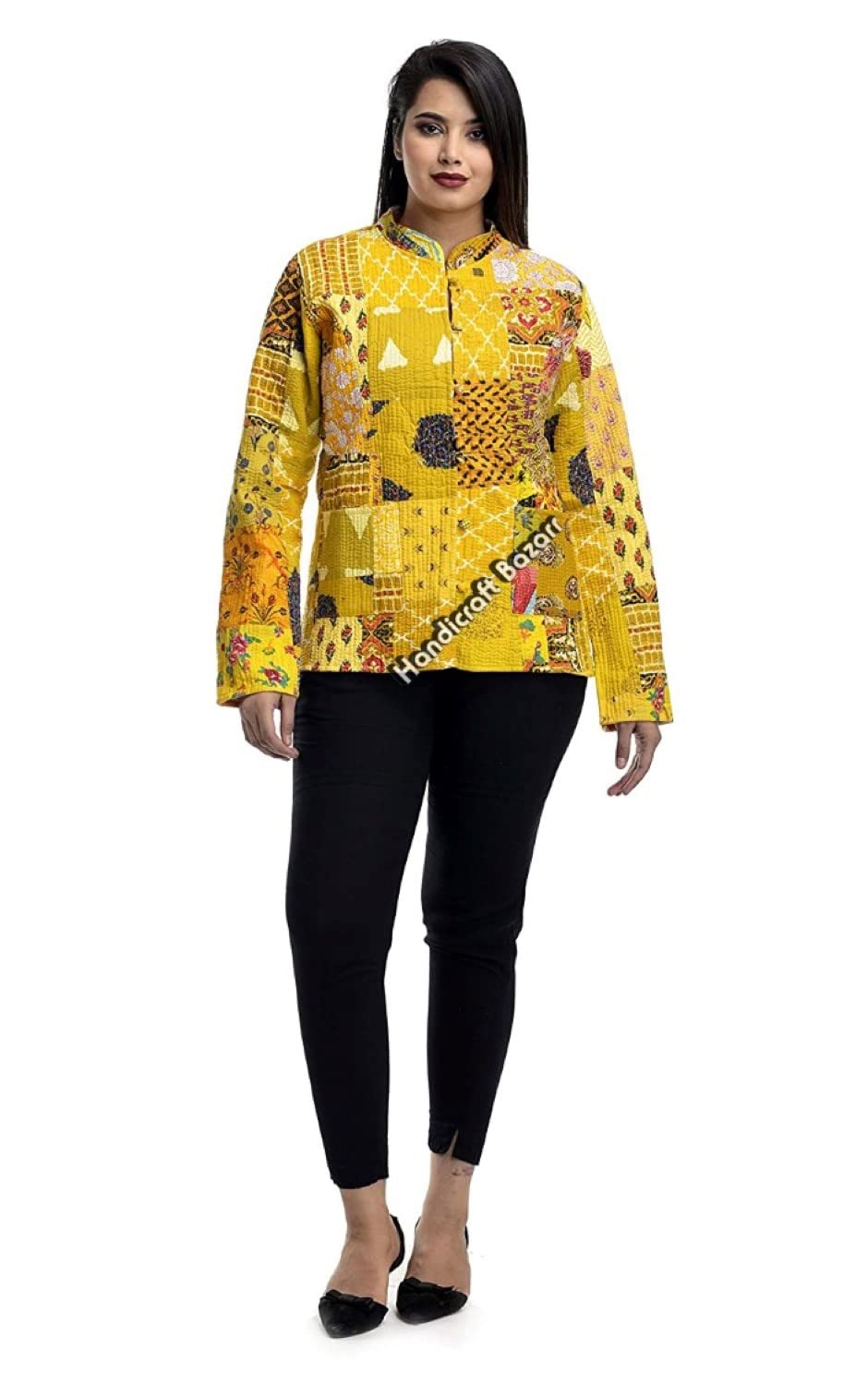 handicraft bazarr Elegant Top Wear Waist Coat Winter Wear Coat Cotton Jackets Quilted Women Hoodies Band Neck Coat L-Size Yellow-picture-3