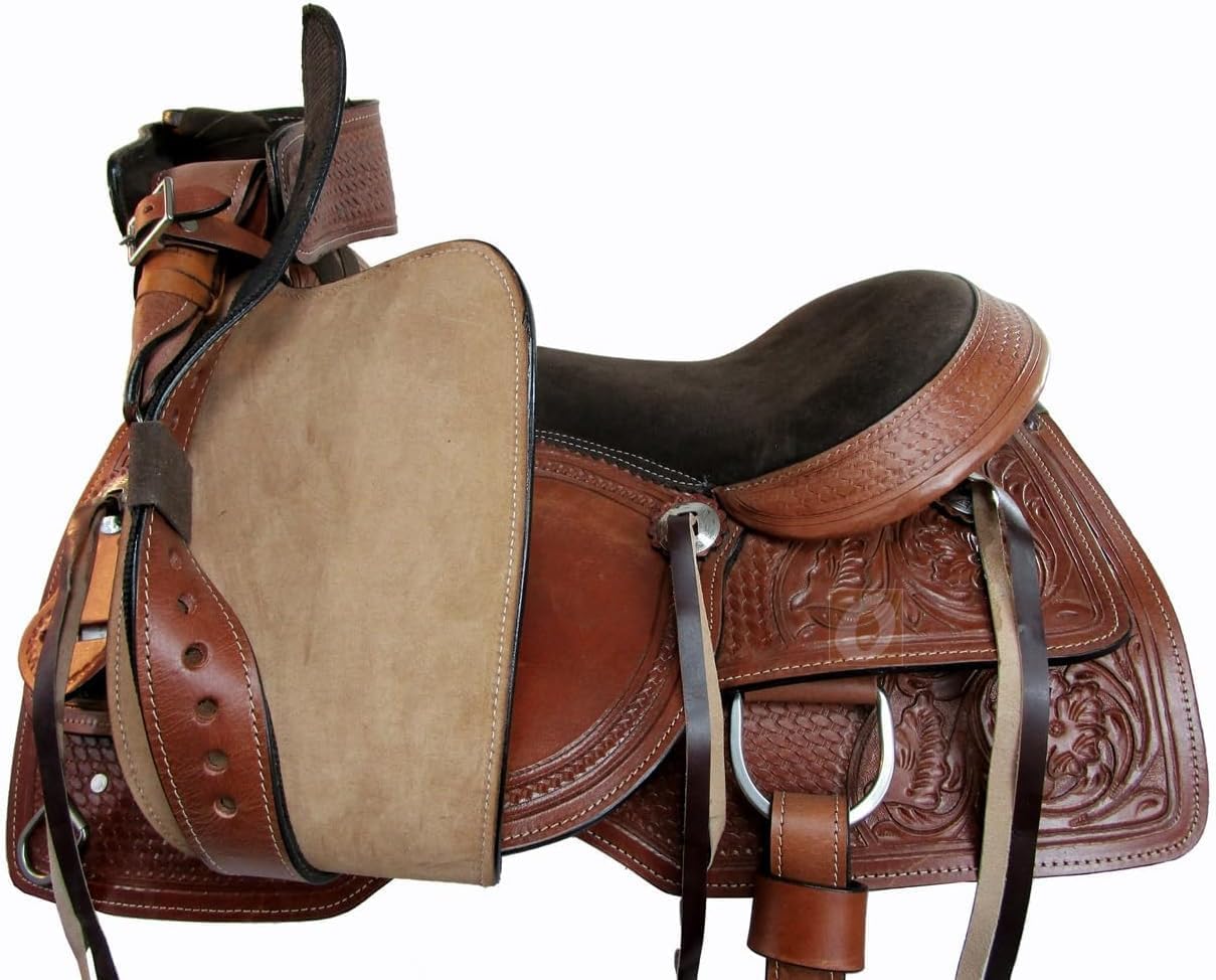 ADB CREATIONS Western Leather Horse Saddle 10"-18" Seat, Hand Tooled Floral Carved Design, Pleasure Trail & Barrel Racing Tack Set, Padded Suede Seat, Adjustable Stirrups, Heavy Duty Tree