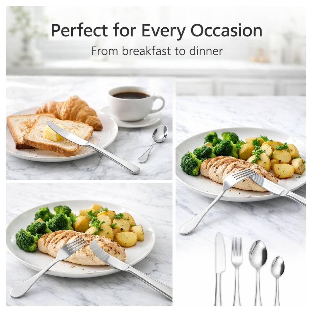 ANH MART Silver Spoon Set Premium Stainless Steel Flatware Set Mirror Polished Cutlery Utensil Set Durable Home Kitchen Eating Tableware Set,Include Fork Knife Spoon Set (Silver Spoon 16)