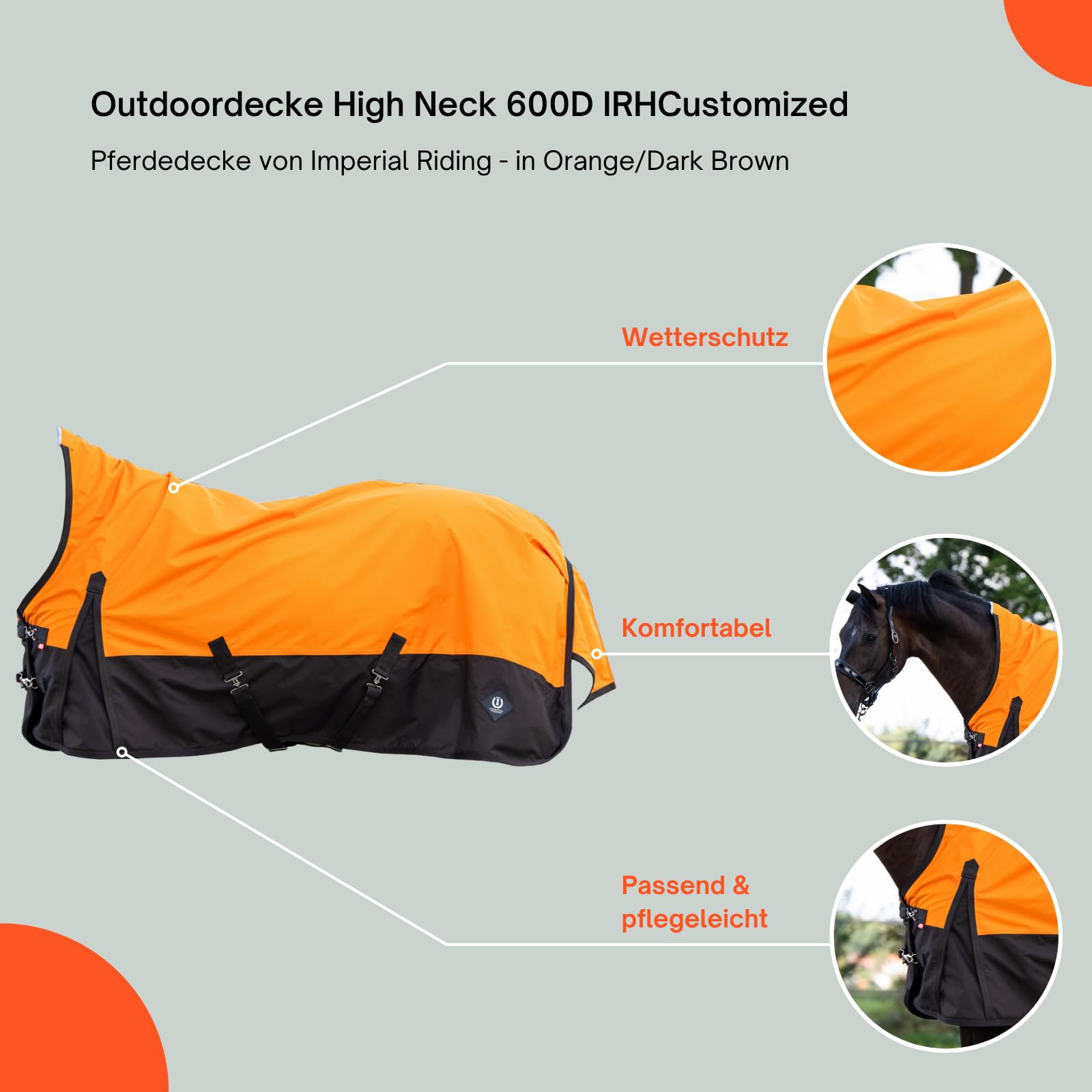 Imperial Riding - Outdoordecke High Neck 600D IRHCustomized – Regendecke – strapazierfähige & wasserdichte Weidedecke mit Baumwollfutter – Pferdedecke in Orange/Dark Brown – 145cm