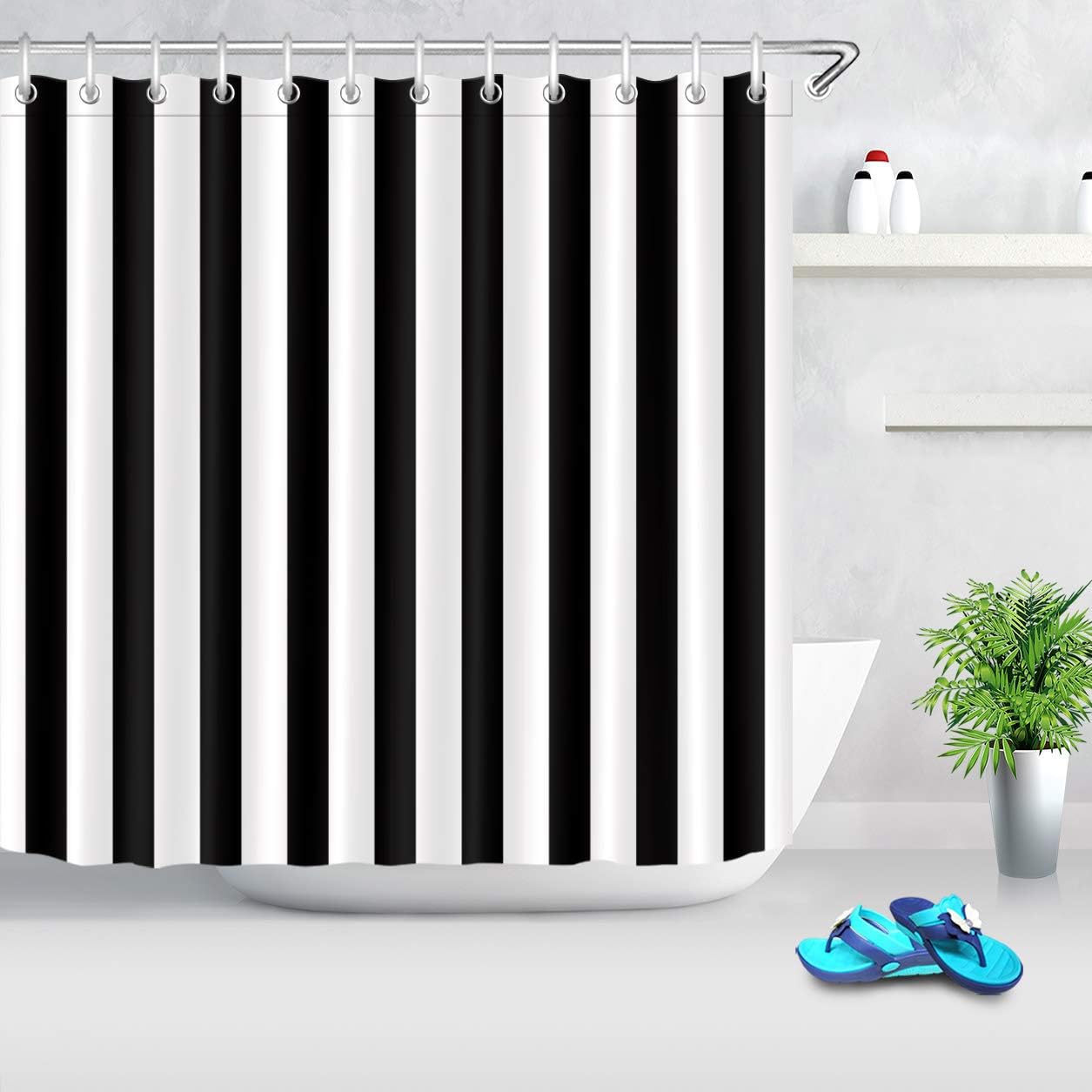 LB Black and White Shower Curtain,Striped Bathroom Curtain