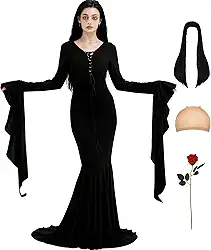 Halloween Costumes for Women - Black Long Dress, Wig with Wig Cap and Artificial Red Roses Flowers