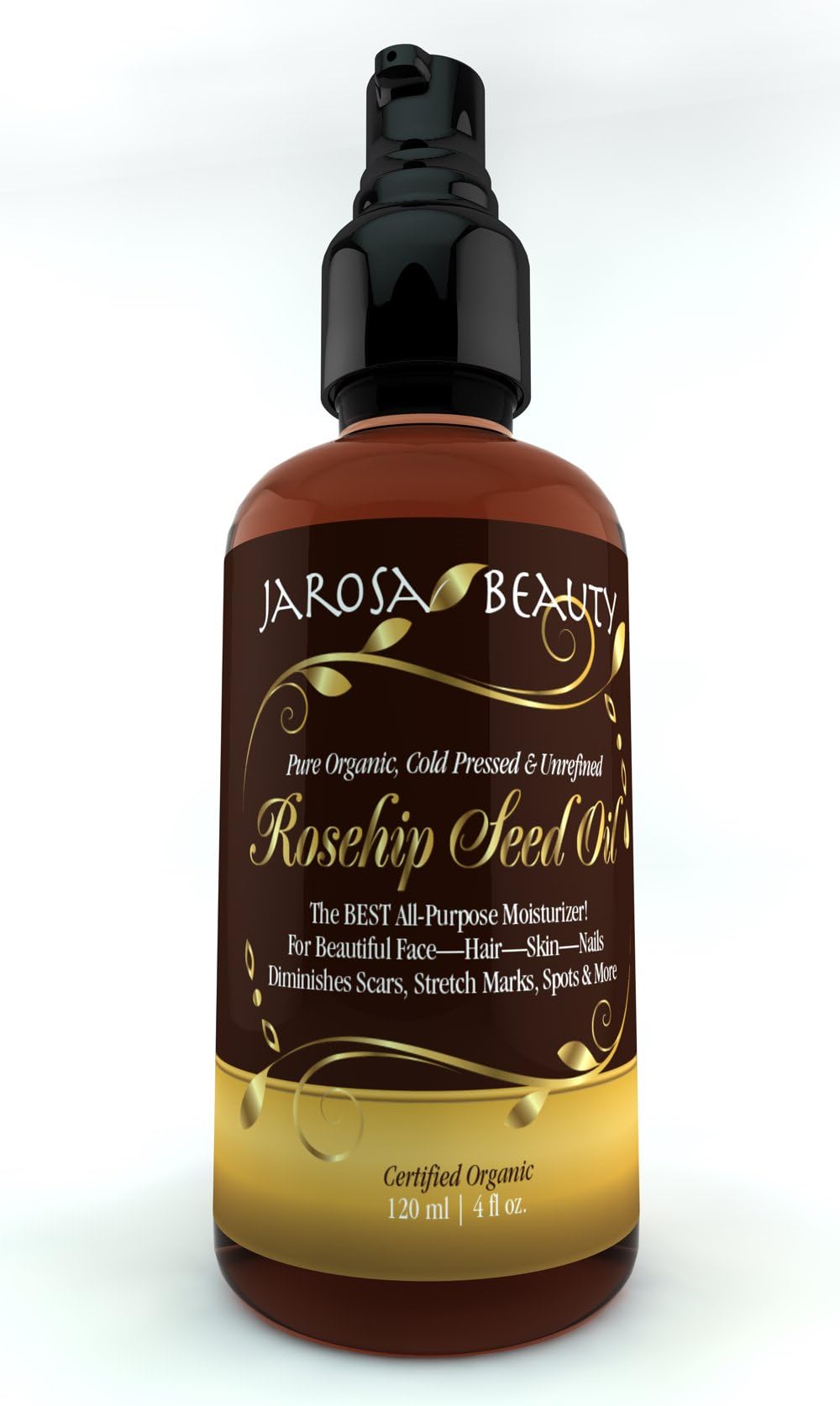 Pure Rosehip Seed Oil Certified Organic Large 4 Ounce Bottle (120 Ml) By Jarosa Beauty - Cold Pressed, Virgin & Unrefined, Carrier, Face & Hair Oil - No Fillers or Fragrance