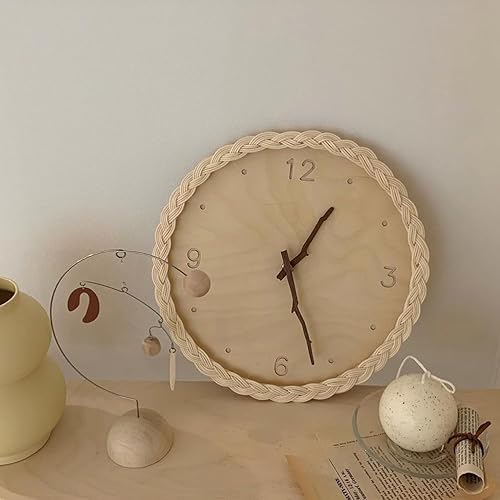 Miniatura 2 de Garneck Reloj de pared colgante de ratán, reloj silencioso de madera, reloj silencioso para sala de estar, reloj montado en la pared, reloj colgante