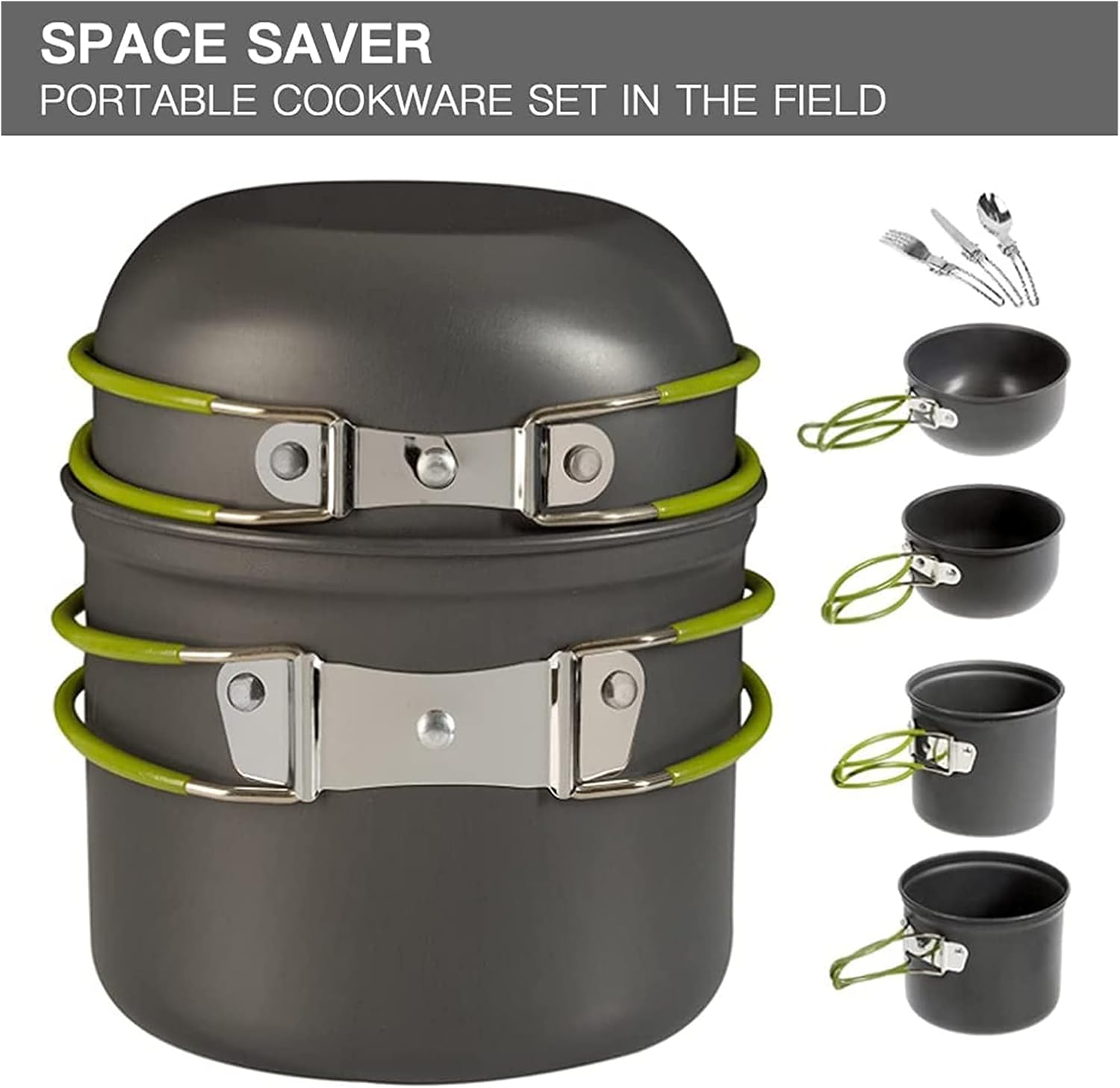 MDybf Portable Cookware Set, Camping Kitchen Utensils Set, Outdoor Cooking Travel Set, Fruit Green Handle