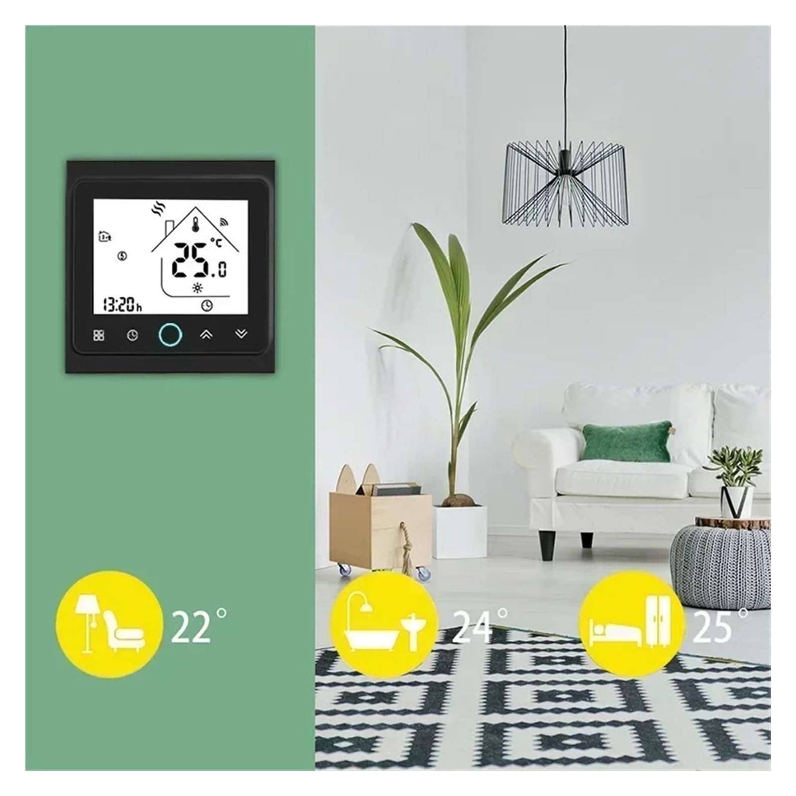 Inteligentny termostat, 2 4-rurowy inteligentny klimatyzator centralny WiFi termostat 3-biegowy regulator temperatury jednostki wentylatora(Nero)