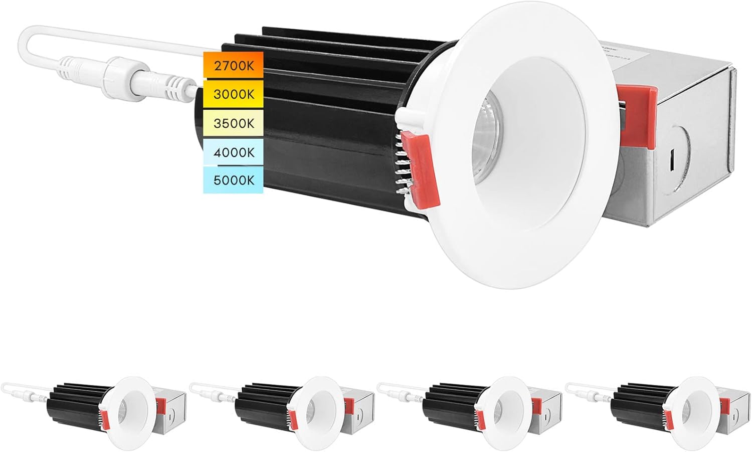 LUXRITE 2 Inch LED Recessed Lighting with Junction Box, 15W, 5 Color Selectable 2700K-5000K, 1000 Lumens, Dimmable Canless LED Downlights, Interchangeable Trim, Wet Rated, IC Rated, ETL (4 Pack)