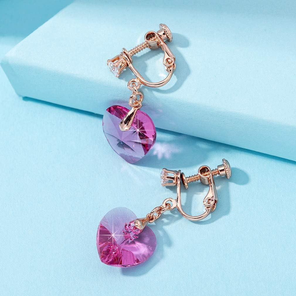 Austrian Crystal Heart Drop Clip On Dangle Earrings for Women Non Pierced 14K Rose Gold Plated Hypoallergenic Jewelry - Image 3