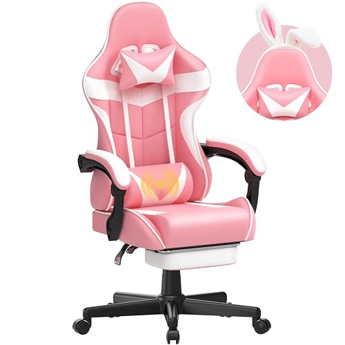 Huracan Gaming Chair with Footrest, Ergonomic Computer Chair Lumbar Support, Adjustable High Back Recliner for Adults, Racing Style Video Gaming Chairs, for Home Office Streaming, Pink