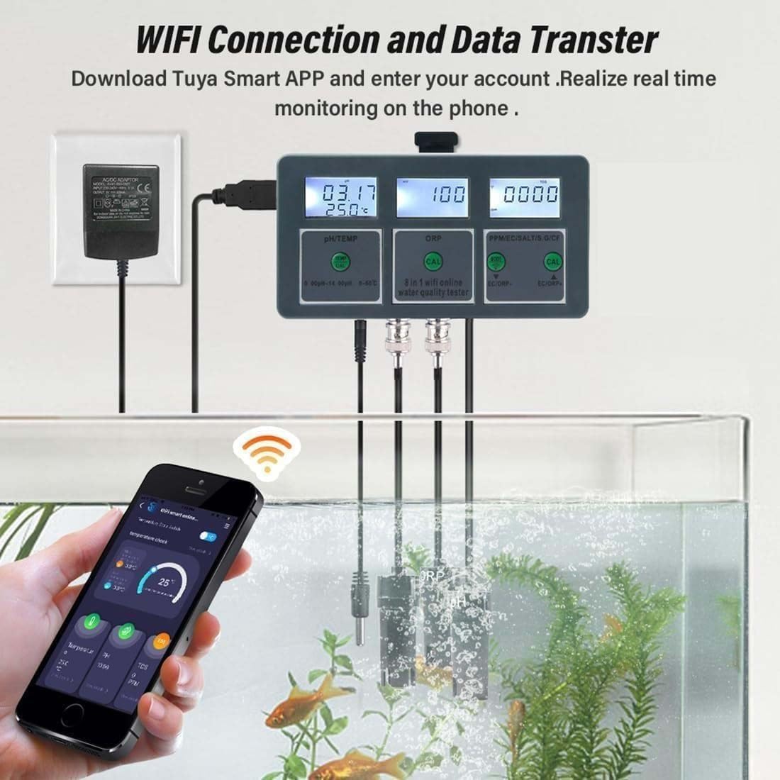 Medidor inteligente de calidad del agua con WiFi, 8 en 1, medidor de calidad del agua, medidor de pH, registrador de datos, temperatura TDS Salinity S.G. EC ORP, analizador de alta precisión,