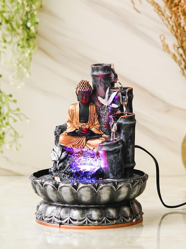Image of Grey Color Polyresin Tabletop Buddha 4 Step Indoor Water Fountain for Home Decor with LED, Speed Control Pump (Size: 20 x 20 x 25.5 CM | Weight: 1010Gram)